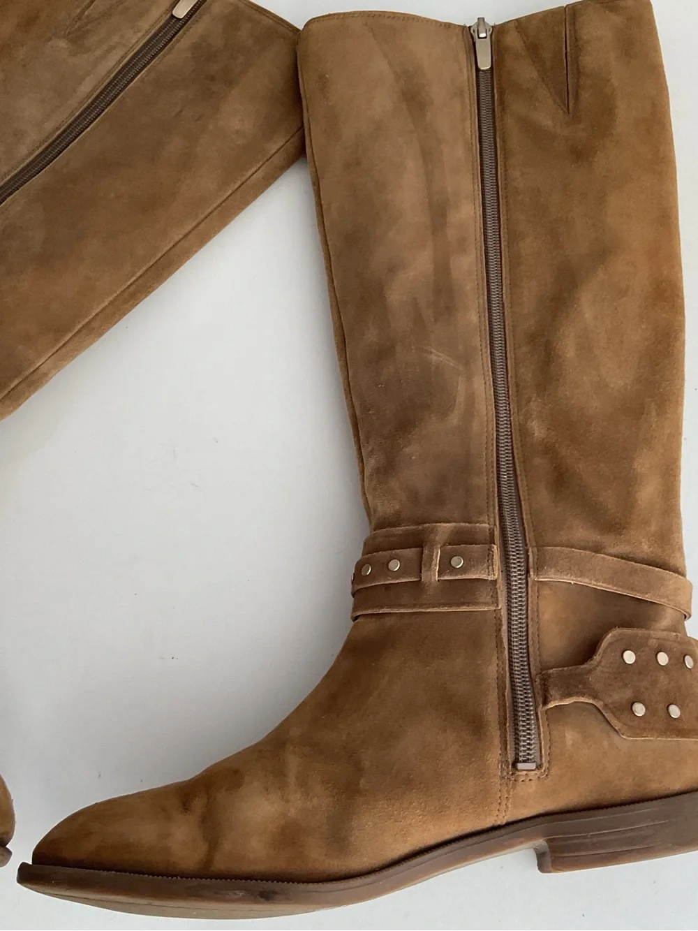 Nine West Luciana Tan Suede Studded Ankle Straps Riding Boots Women’s Size 6.5M